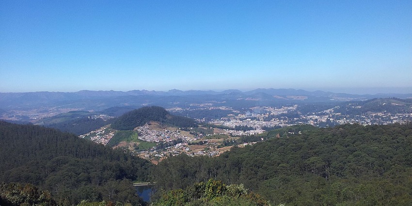 Scenic view of Doddabetta Peak, showing dense greenery