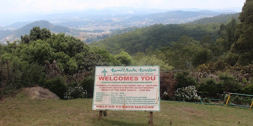 Image of the peaceful view from the peak viewpoint of Doddabetta Peak in Ooty, Tamil Nadu