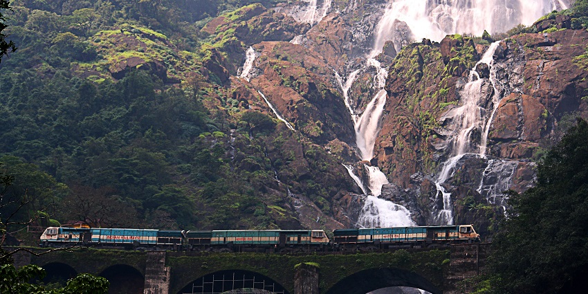 Dudhsagar Falls is one of the tourist attractions in Goa in monsoon with astounding views