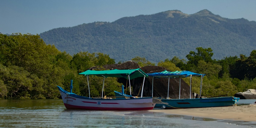 Two docked boats near a riverbank with a huge mountain in the background