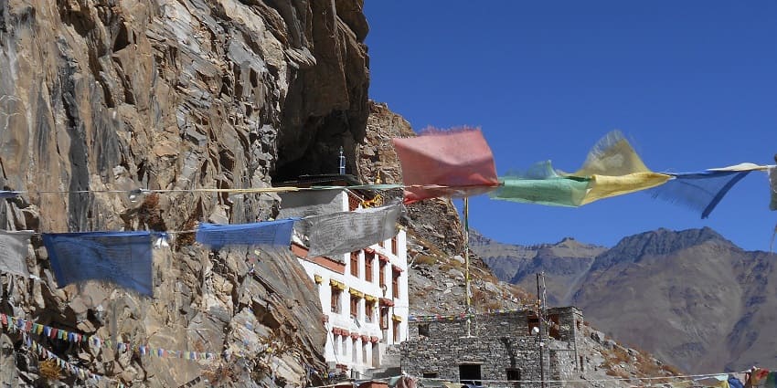 Dzongkhul monastery nestled amidst the rugged rocks of the mountain, one of the popular monasteries in Zanskar