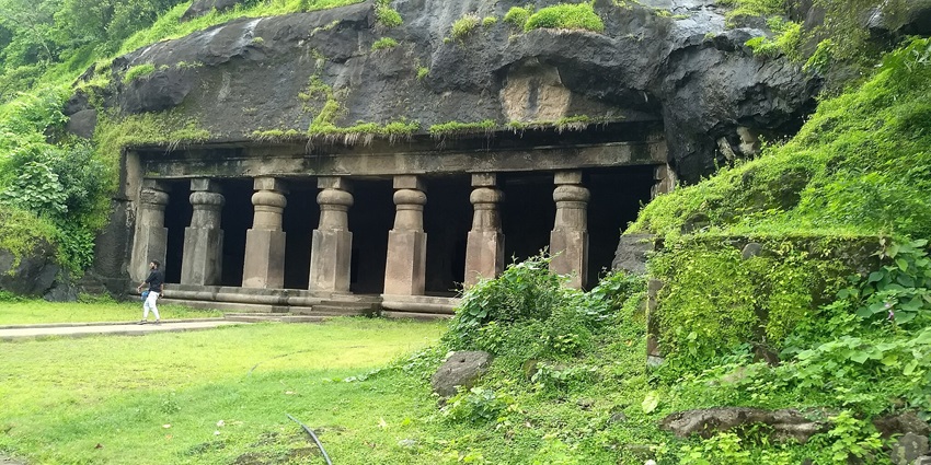 Entrance to Elephanta Caves, a historic rock-cut temple site on Elephanta Island