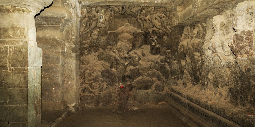 Elephanta Caves on Elephanta Island feature intricate rock-cut sculptures near the Fort.
