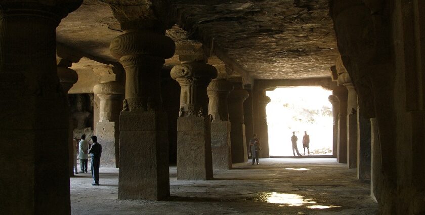 View of Elephanta Caves, a tourist attraction near Karnataka, showcases ancient sculptures.