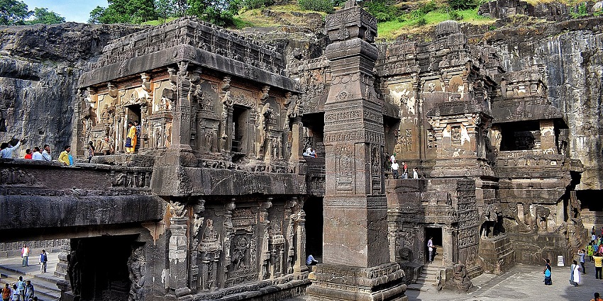 The majestic Kailasa Temple at Ellora Caves, India, features intricate rock-cut. One of the tourist attractions near Waghra waterfalls.
