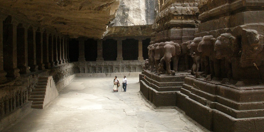 A picture of ancient Ellora Caves with intricate rock-cut architecture near Aurangabad.
