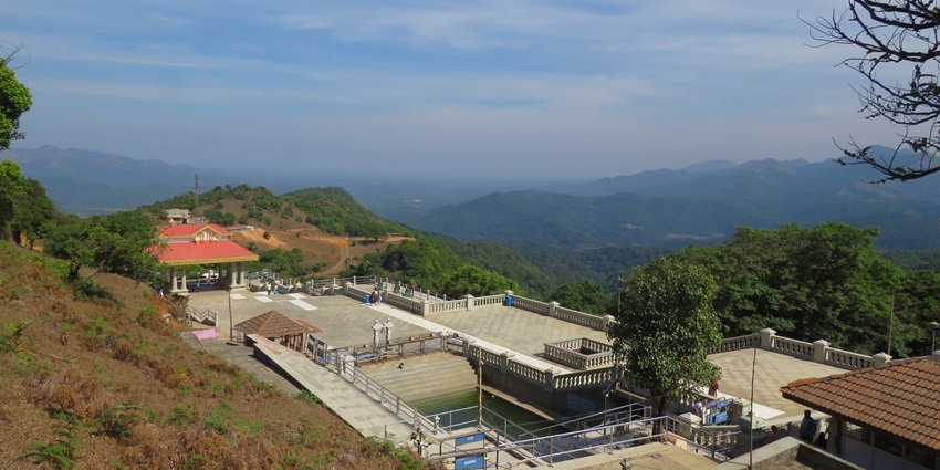 Panoramic view of Talacauvery, the origin point of the Cauvery River in Coorg.
