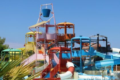 A view of a water park in Mumbai with adventurous rides and pool during the daytime.