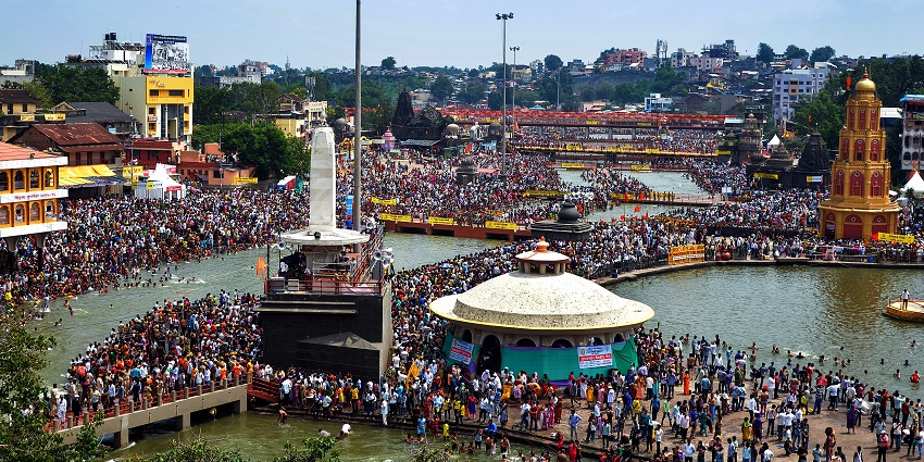 Thousands of pilgrims gathered at Ramkund Ghat during the Kumbh Mela, highlighting events