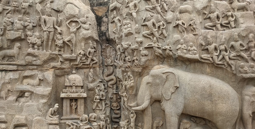 A picture of Arjuna's Penance, which features detailed rock carvings of legendary tales.