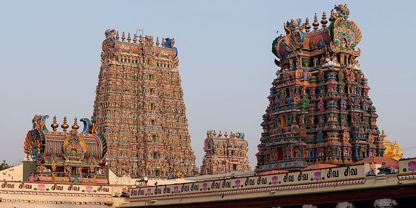 Beautiful towers of Arulmigu Meenakshi Sundareswarar Temple in Madurai, Tamil Nadu.