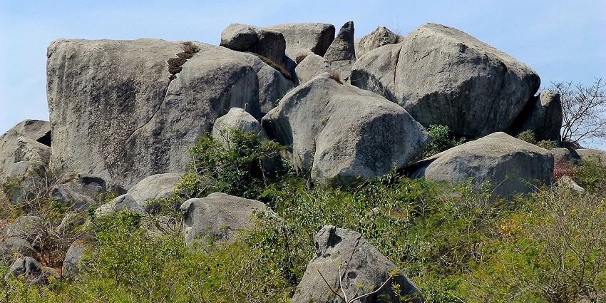 The exterior view of Gopika Cave near the Barabar Caves.a staircase leading to the caves.
