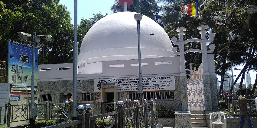A glimpse of the pristine white Chaitya Bhoomi, a major tourist attraction in Maharashtra.
