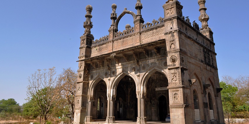 Panoramic view of the mosque against the clear blue sky