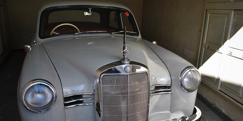 Grey vintage Mercedes-Benz displayed at the Vintage Car Collection Museum in Udaipur