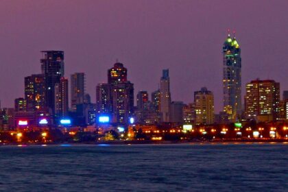 Mumbai skyline at night showcasing illuminated buildings and city lights