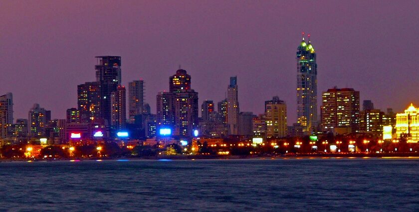 Mumbai skyline at night showcasing illuminated buildings and city lights