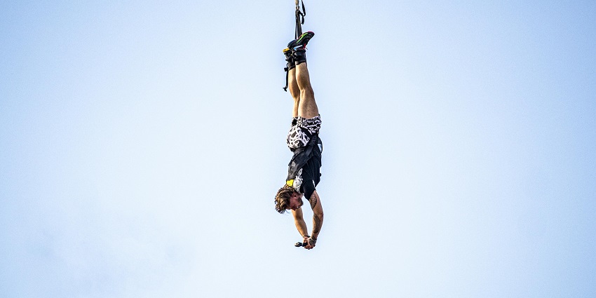A view of a person trying bungee jumping at Della Adventure Park in Maharashtra.