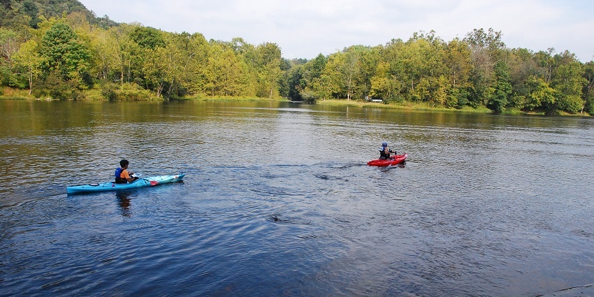 Two kayakers paddling through the tranquil waters along the tree-lined shores of Pune