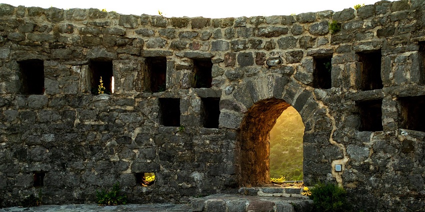 A picture of a wall of a ruined fort in Gurugram surrounded by greenery