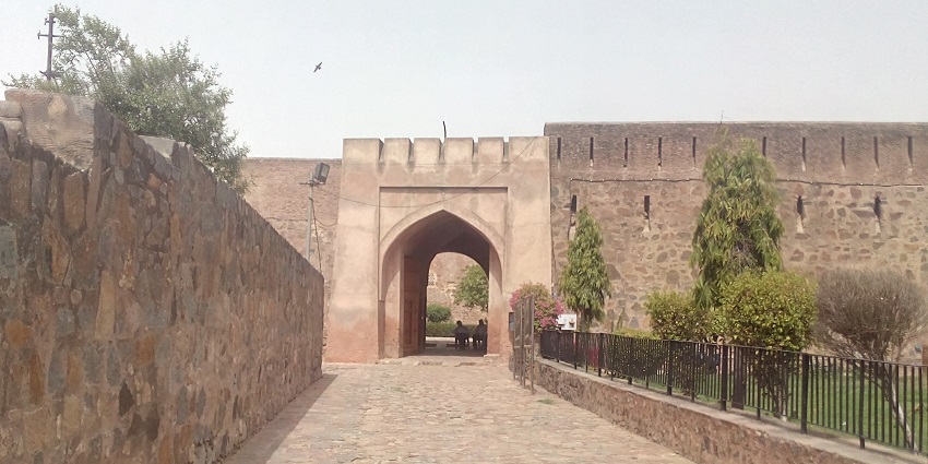 A historic view of Firoz Shah Palace, showcasing its intricate architecture and surrounding greenery