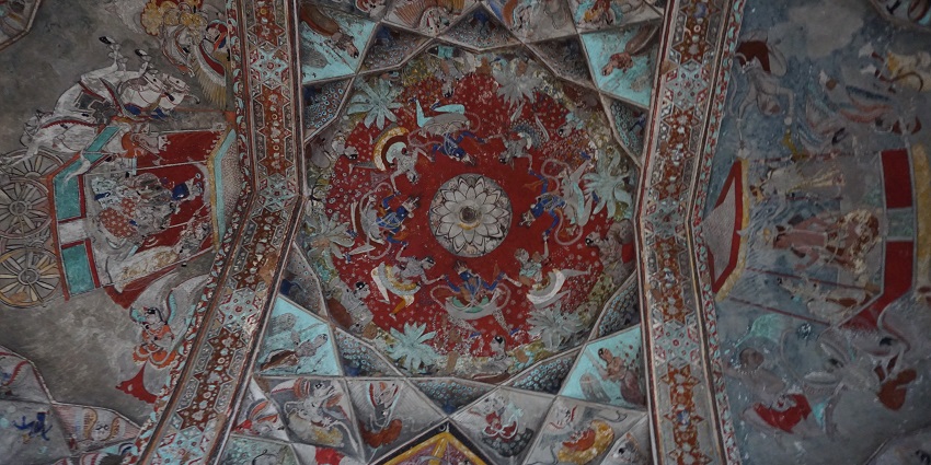 Detailed fresco depicting traditional motifs in Churu havelis.