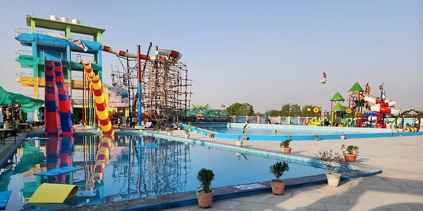 Image of a water park - a vibrant wave pool scene at a water park in Uttar Pradesh