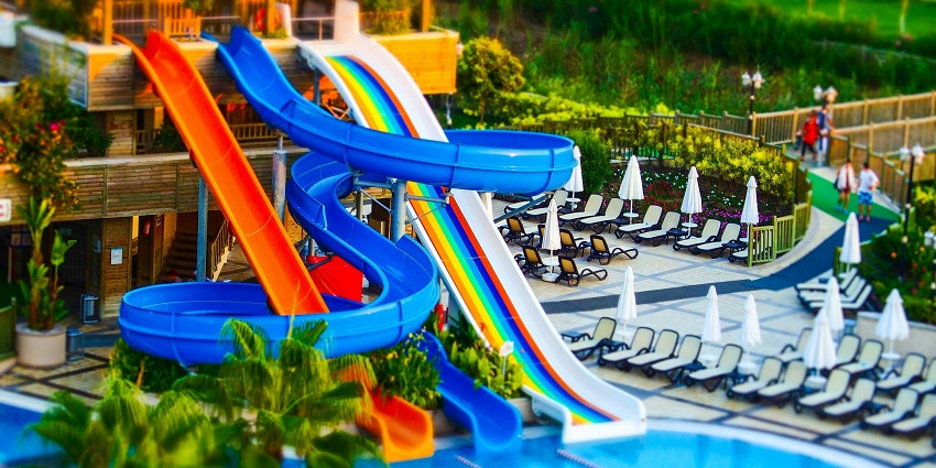 View of Fun World Water Park, the best water park in Jodhpur, with slides and pools.