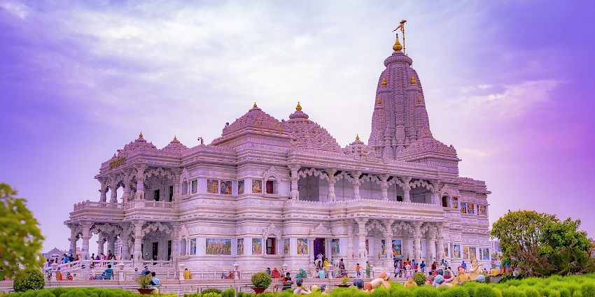 Ganesha temple with vibrant interiors and intricate carvings, festive atmosphere