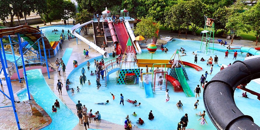 Image of a water park - Fun-filled water rides at a water park in Uttar Pradesh.