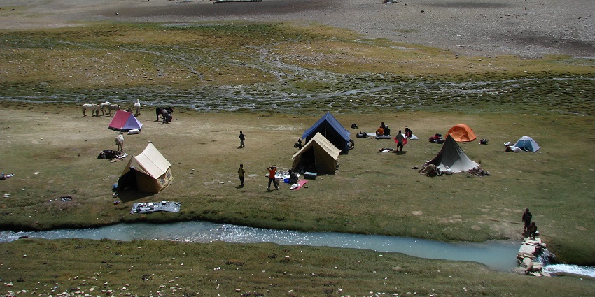 A nomad campsite featuring a valley of fresh water, cattle and localities.