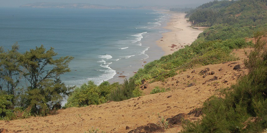 A scenic view of the Ganpatipule Beach with clear waters and serene surroundings.
