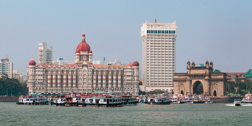 Panoramic view with Gateway of India and Taj Palace near Elephanta cave Maharashtra.