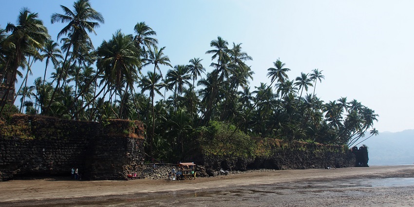 Stone wall of Revdanda Fort with palm trees and a group of people standing on the wetland