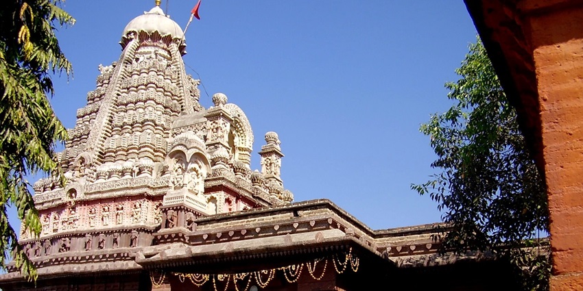 View of Ghrishneshwar Temple known for its carved designs and worship of Lord Shiva.