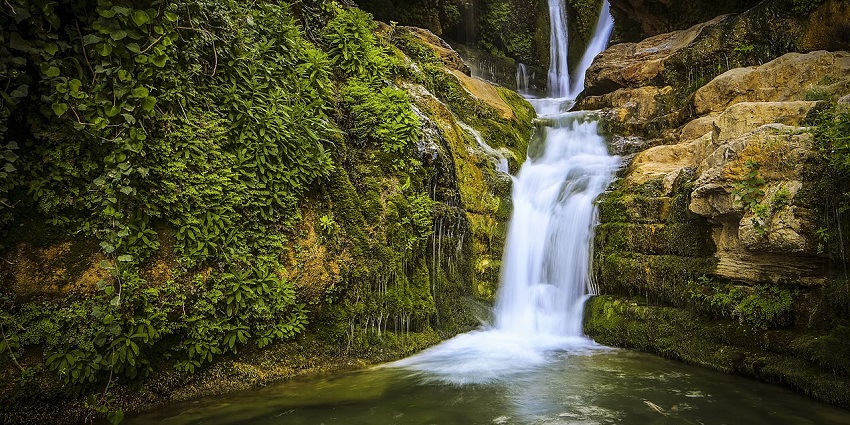 Girisagar Waterfall cascades beautifully, surrounded by lush greenery.
