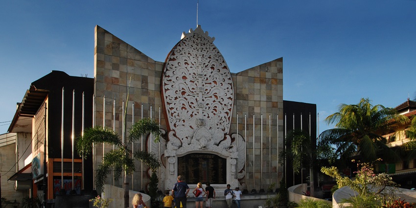 The Ground Zero Memorial with unique structure, memorial plaques and filled with tourists, one of the unique places to visit in Kuta.