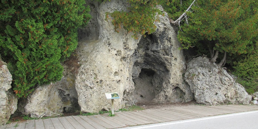 View of Devil's Kitchen rock formation on Mackinac Island, Michigan.