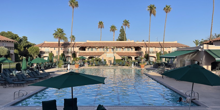 A serene pool with sun loungers and palm trees for a relaxing day
