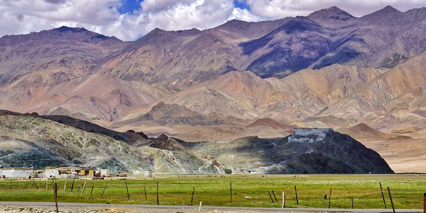 Hanle Village featuring traditional architecture and the Indian Astronomical Observatory.