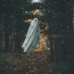 A picture of a ghost-like creature covered in white sheets roaming in the forest