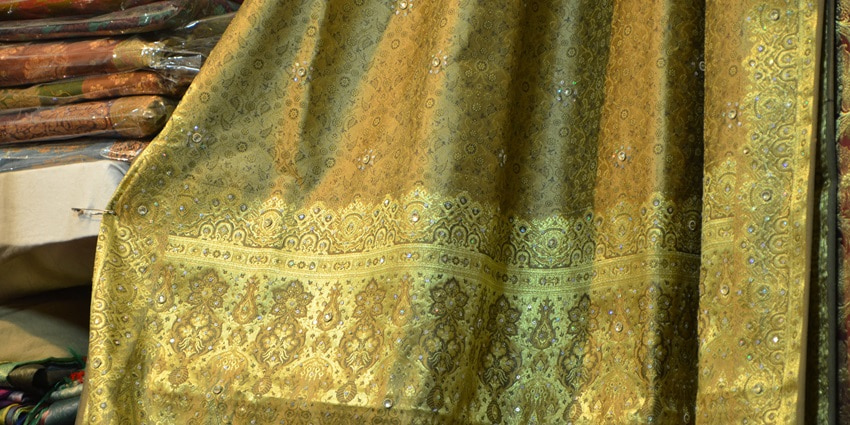 A picture of a saree put up on display at a saree store in Dadar, Mumbai