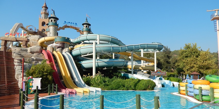 View of Ramuji water park Jabalpur featuring colourful rides and pools filled with water, a perfect place to enjoy.