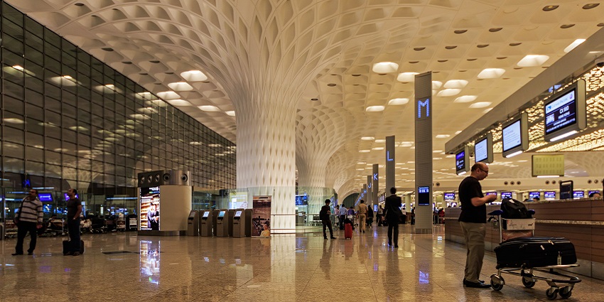 A view of Chhatrapati Shivaji Maharaj Airport in Maharashtra with spacious walkaways.