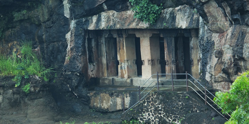 Entrance view of Aurangabad Caves, showcasing ancient Buddhist rock-cut architecture.