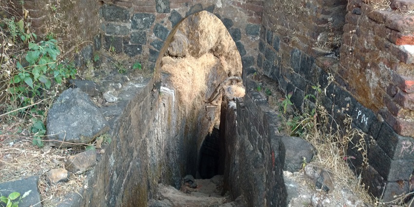 View of the rugged cliffs at Harihar Fort, showcasing steep rock formations and greenery.