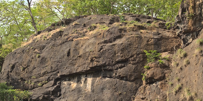 Detailed carvings and rock formations at Kondana Caves in Maharashtra.