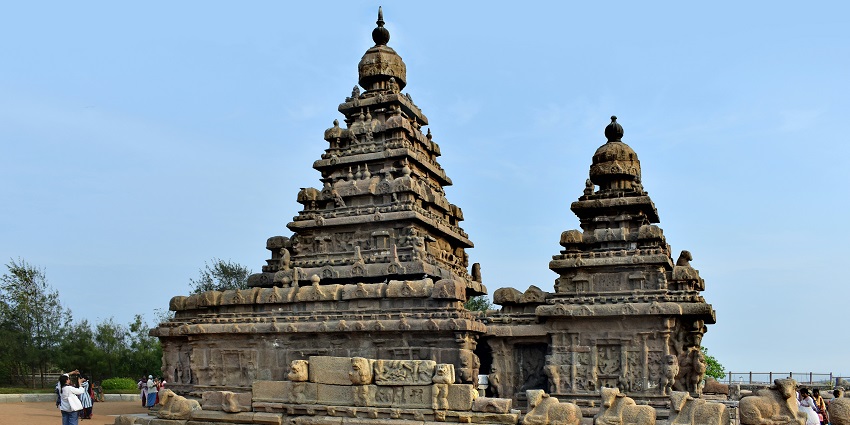Interior view of the Shore Temple in Mahabalipuram, showcasing ancient stone carvings.
