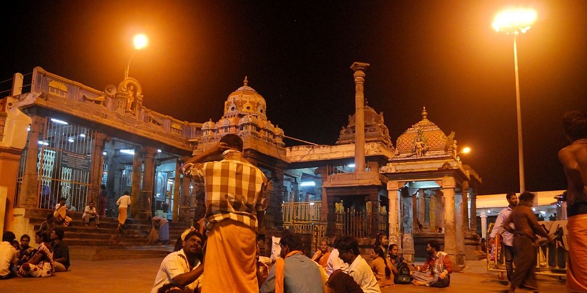 Evening view of the Palani Murugan Hill Temple, illuminated against the twilight sky