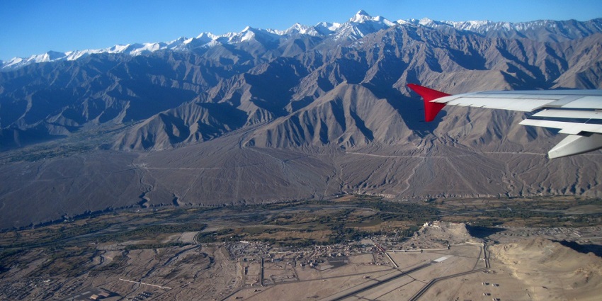 Aerial view of Leh Airport, with Panamik hot spring accessible in the distance.